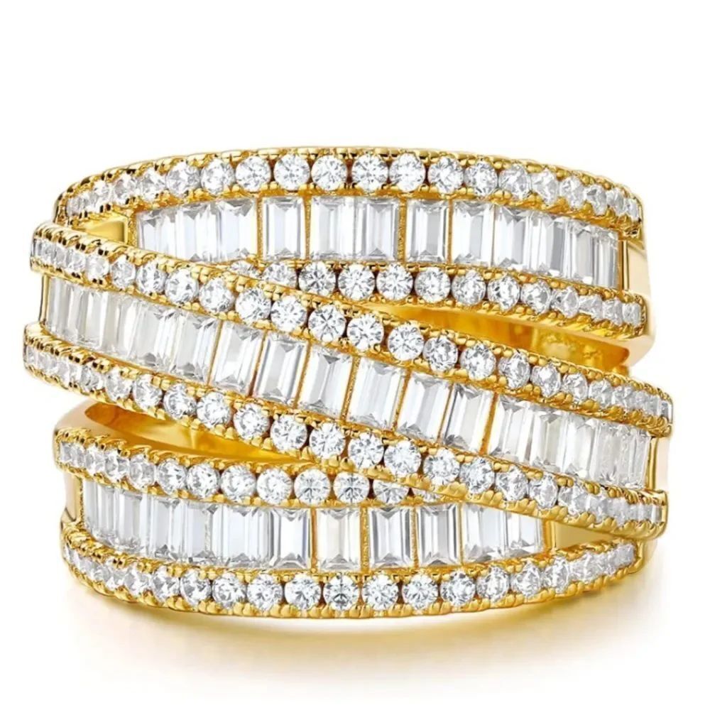 18K Yellow Gold and 3 Row White Diamond Cubic Zirconia Wide Band Ring
